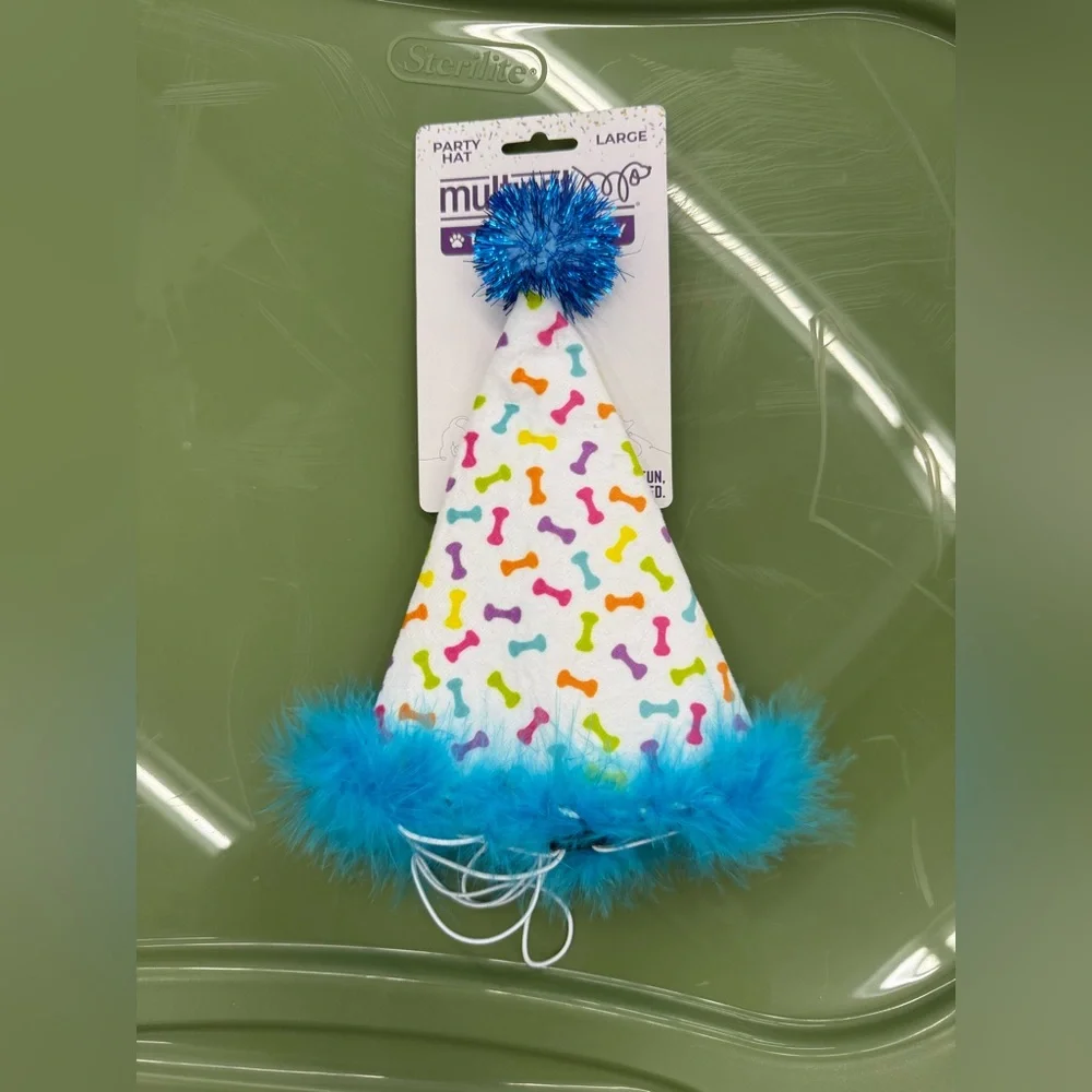 Dog Birthday Hat with Pom Pom in Blue Confetti